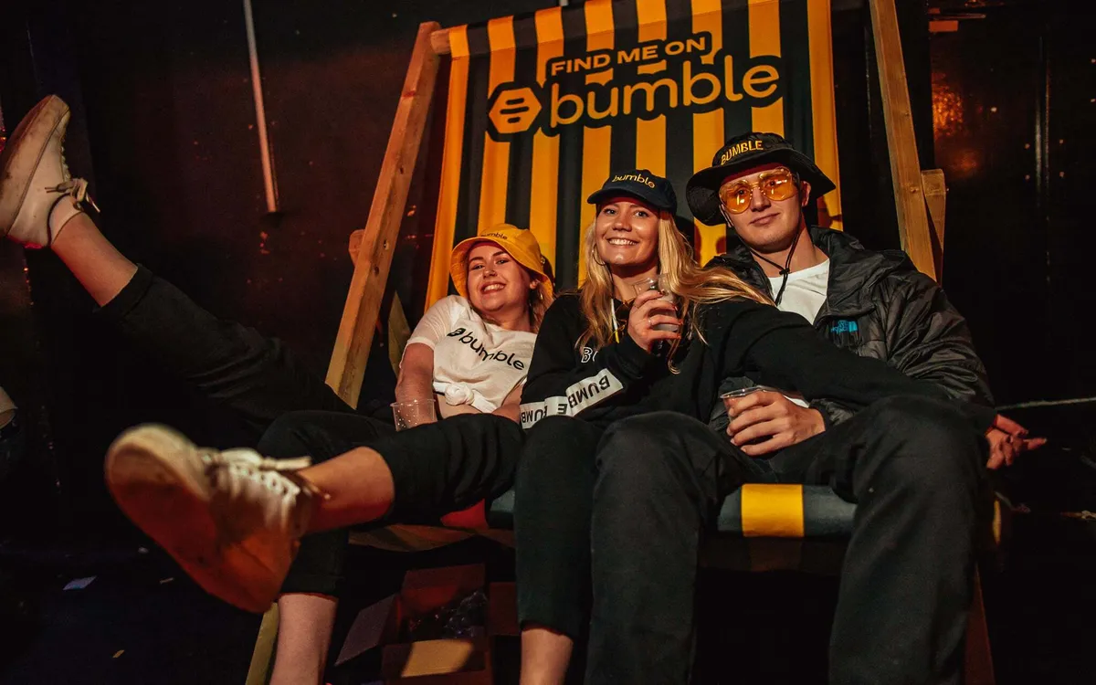 Bumble app promotion at Cirque Du Soul event with free beer incentive